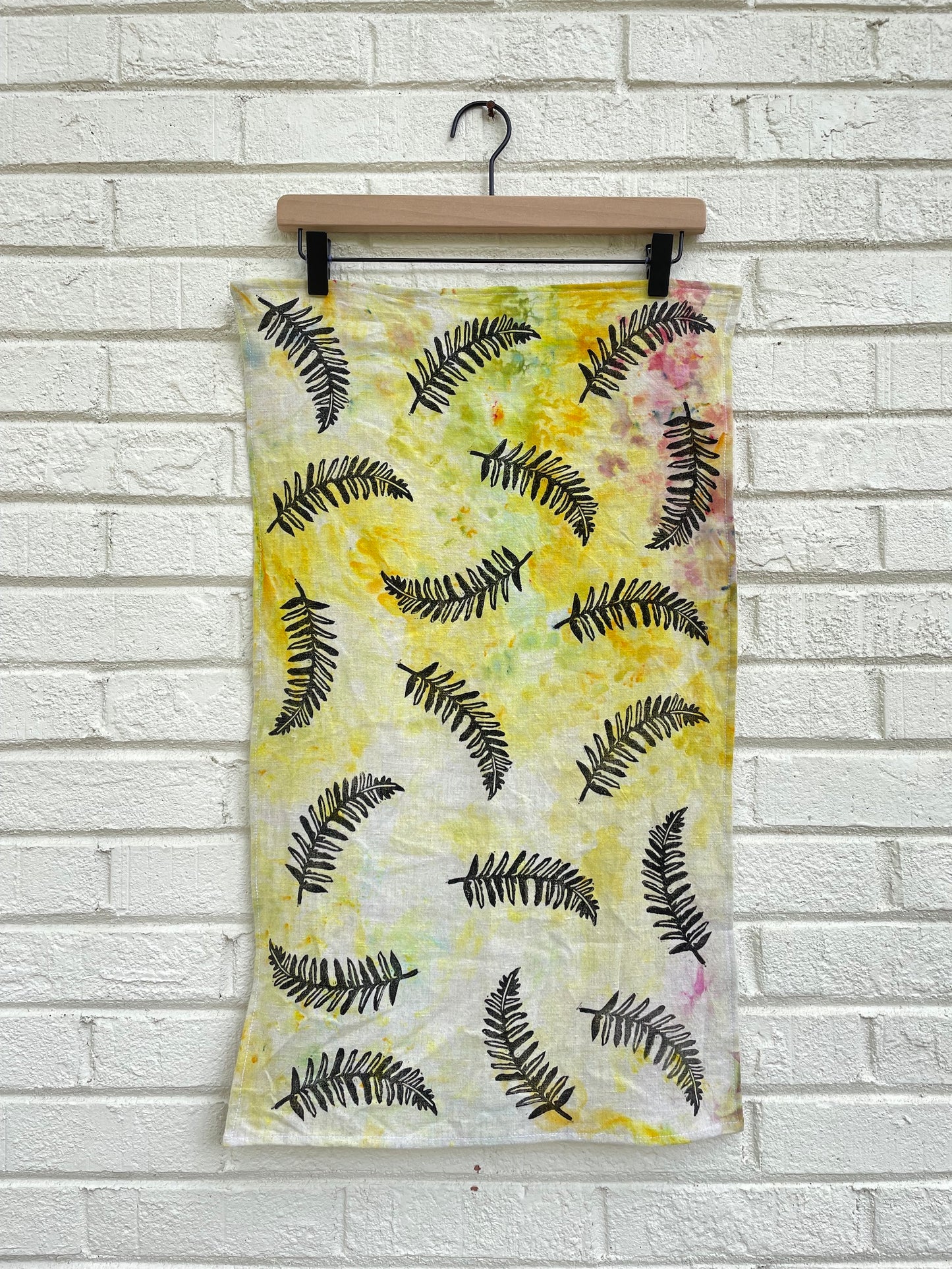 Linen Tea Towel: Ice Dyed and Printed with Ferns