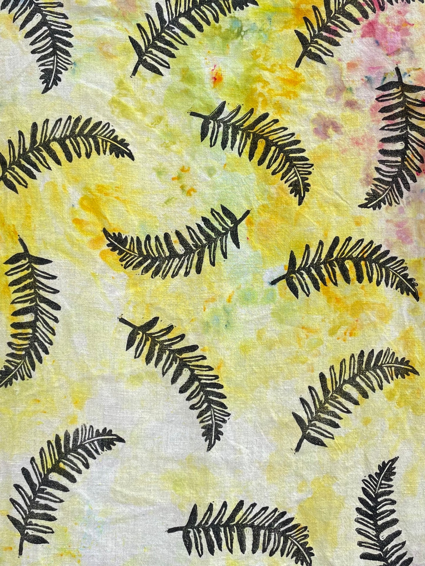 Linen Tea Towel: Ice Dyed and Printed with Ferns