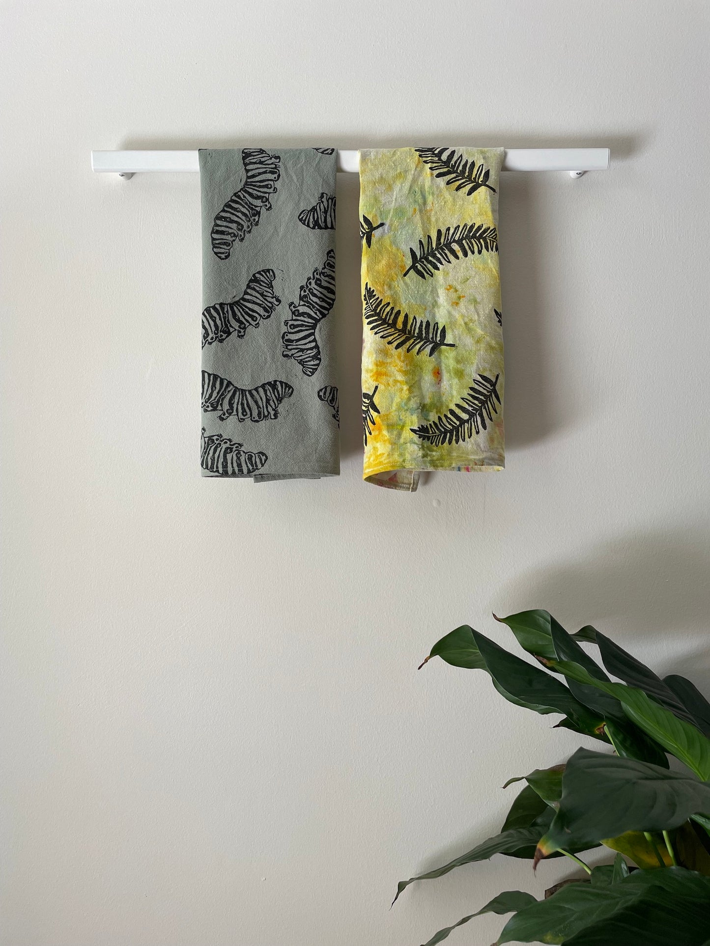 Linen Tea Towel: Ice Dyed and Printed with Ferns