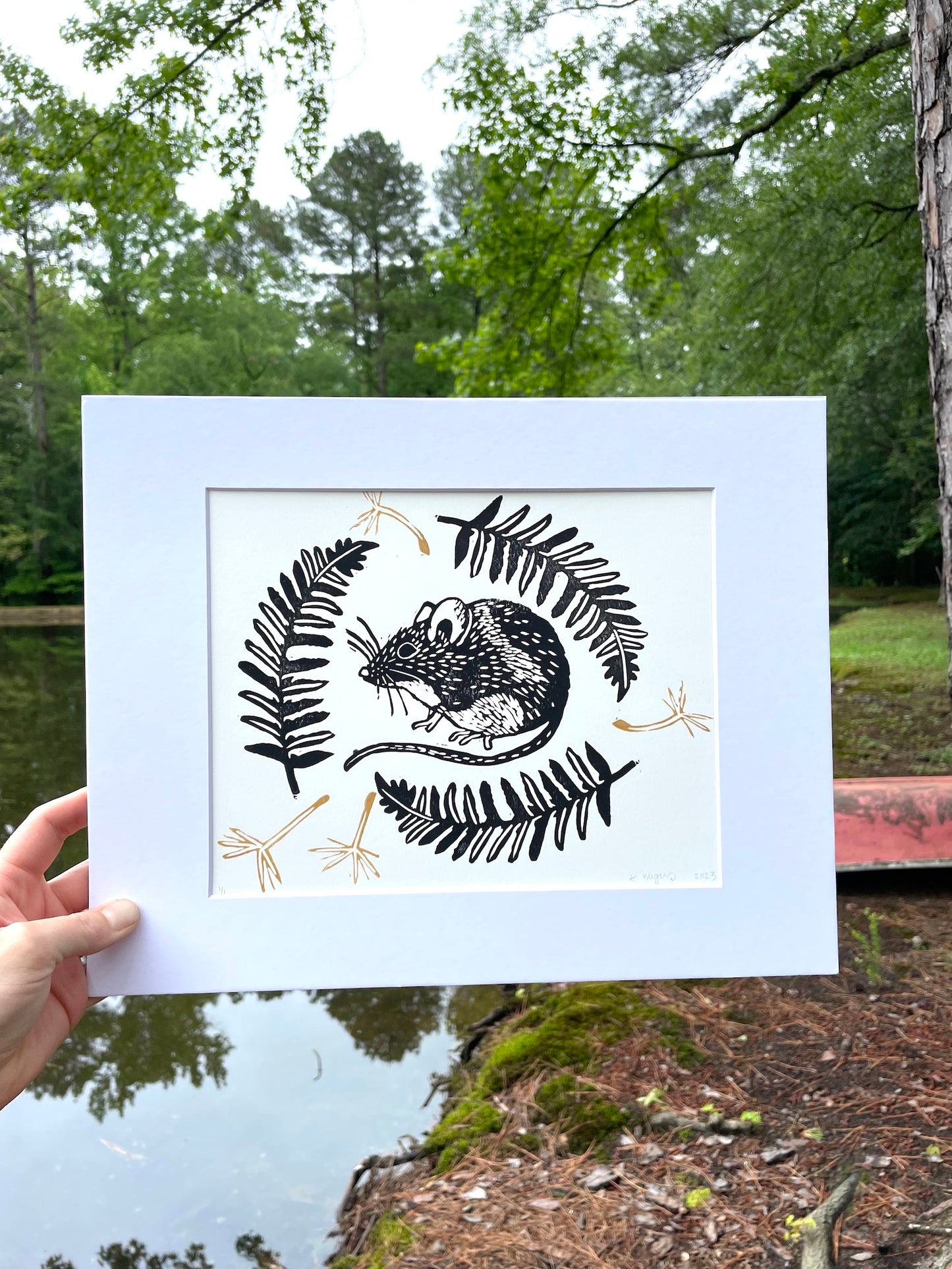 Black and Gold House Mouse with Ferns 11" x 14"