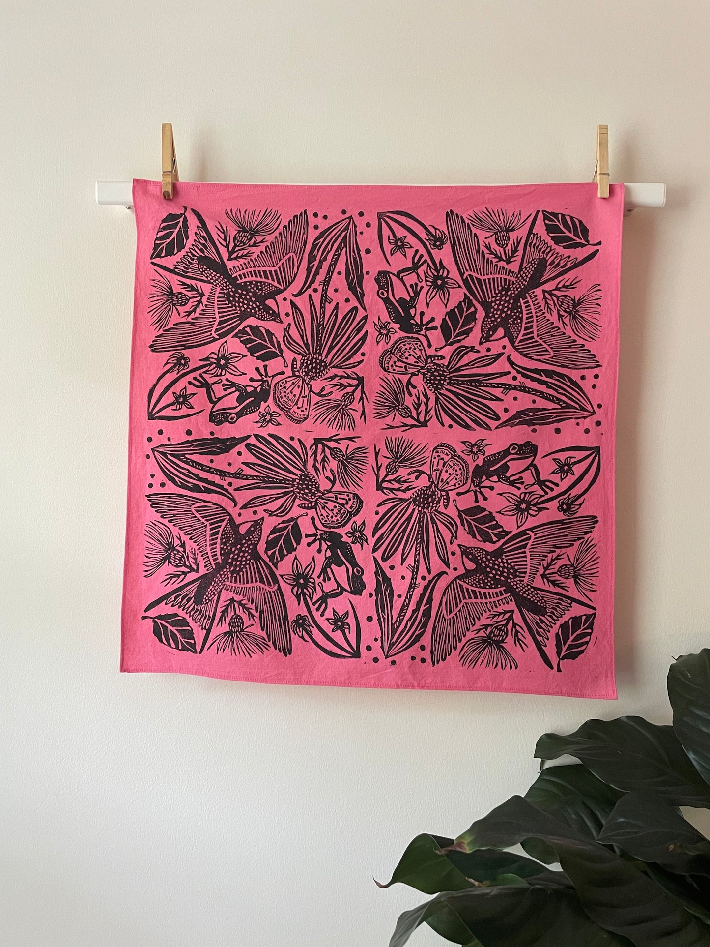 Hand Dyed Bandana with Eno Print - Bright Pink