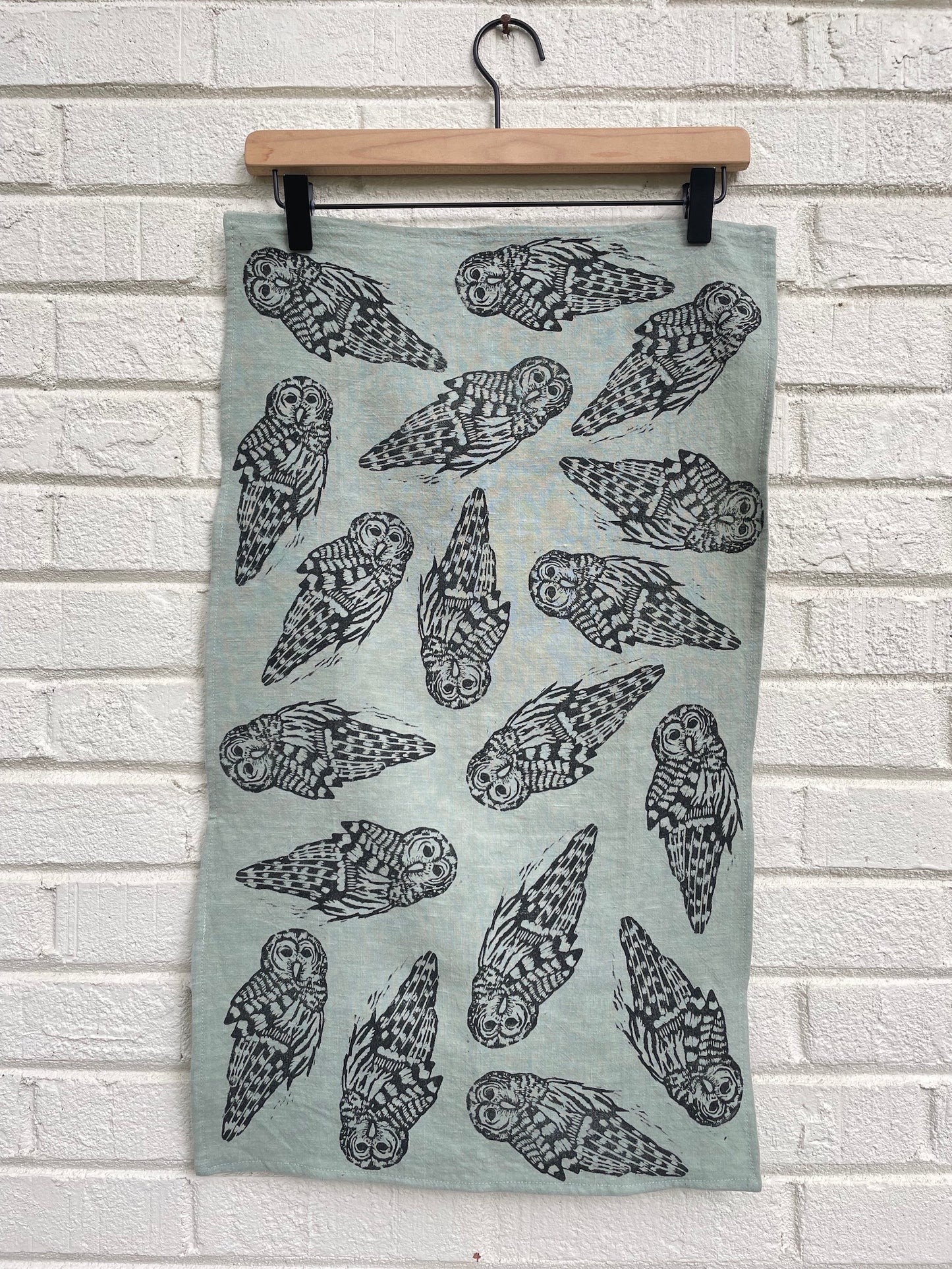 Linen Tea Towel: Owl on Seafoam
