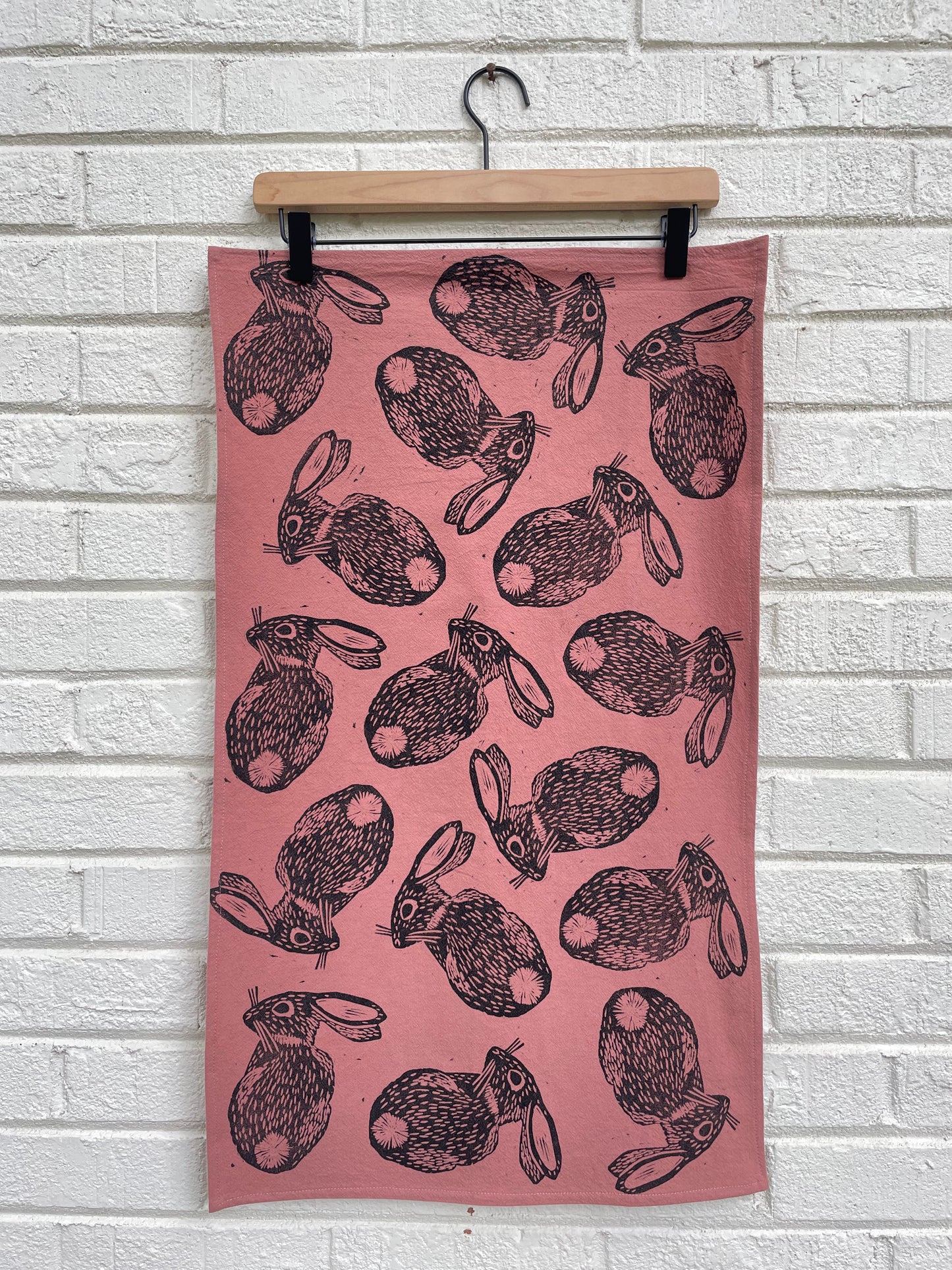 Cotton Tea Towel: Eastern Cottontail on Dusty Rose