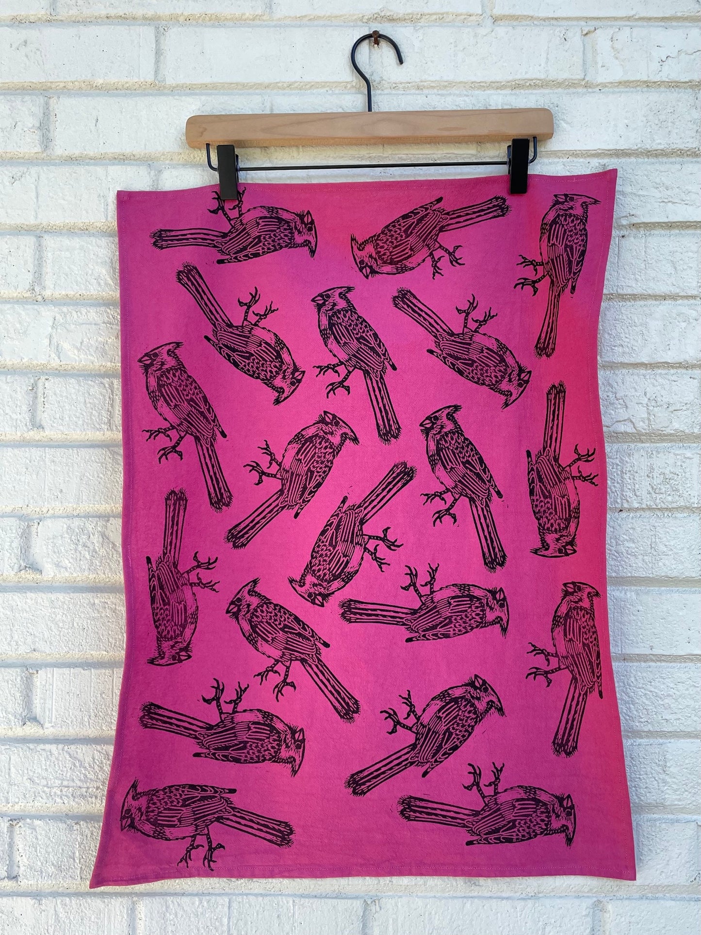 Cotton Tea Towel: Cardinal on Fuchsia