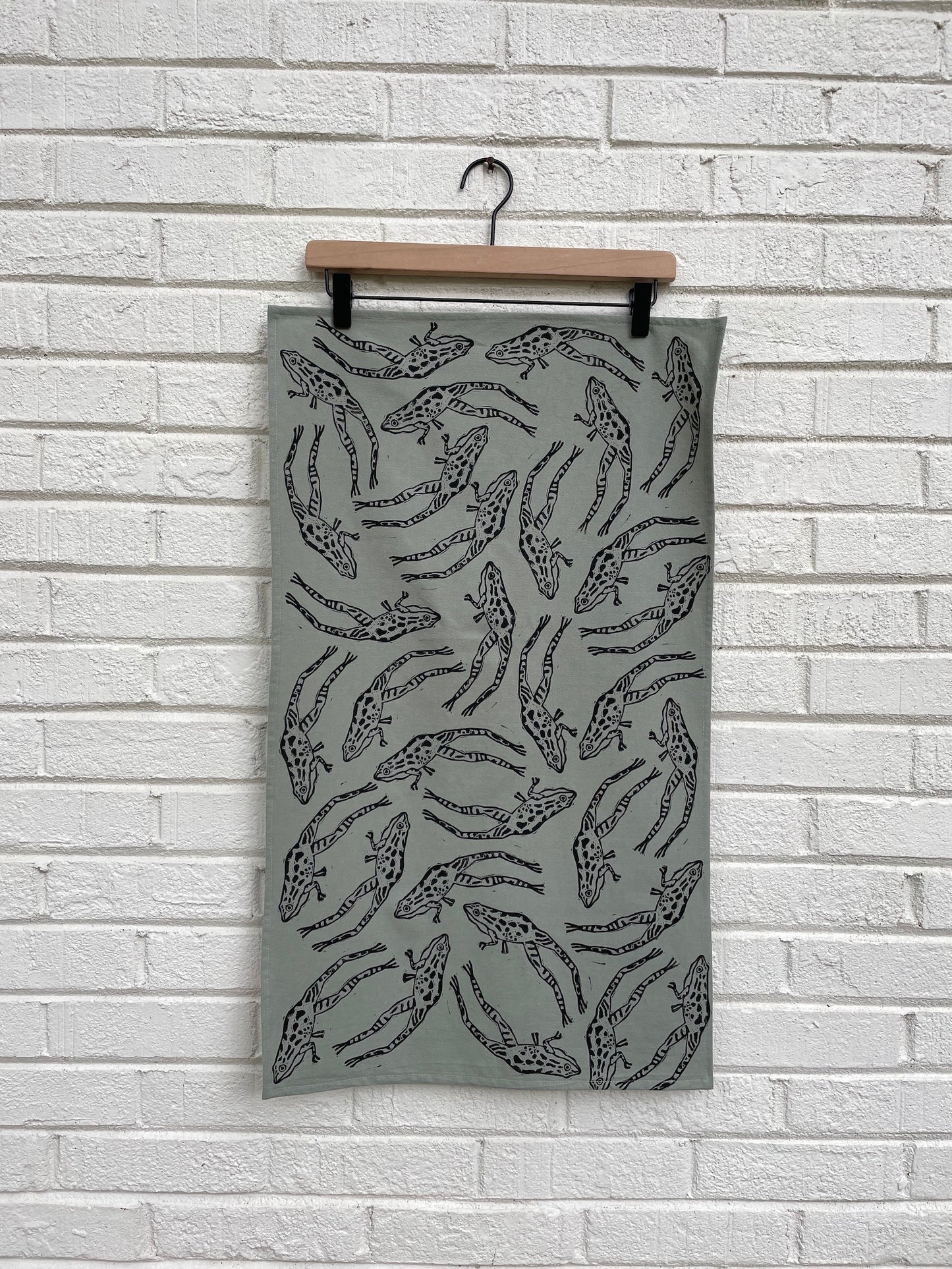 Cotton Tea Towel: Jumping Frogs on Seafoam
