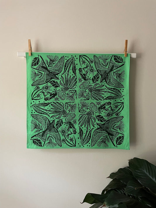 Hand Dyed Bandana with Eno Print - Electric Green