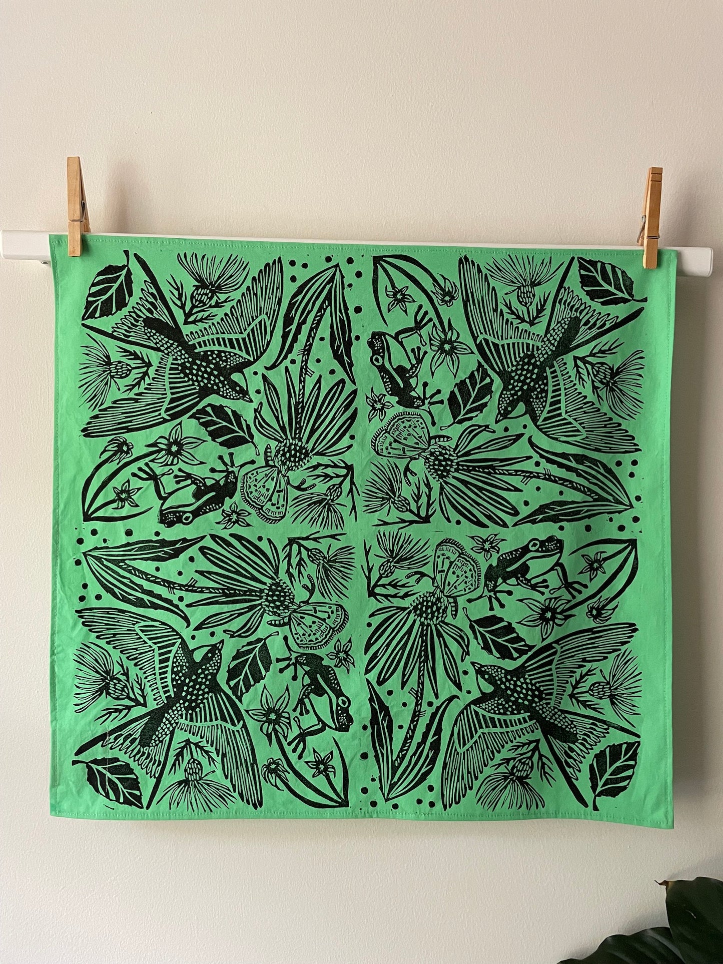 Hand Dyed Bandana with Eno Print - Electric Green
