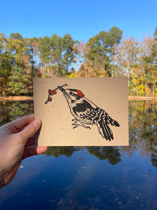 Downy Woodpecker with Berries on Tan Paper