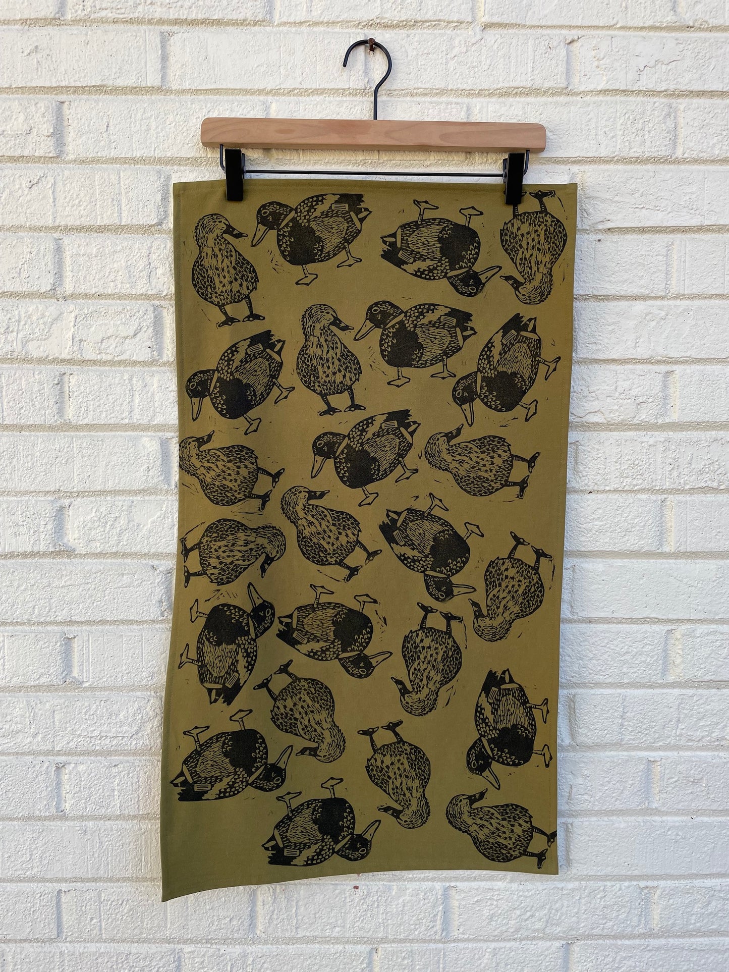 Cotton Tea Towel: Mallard Pair on Olive