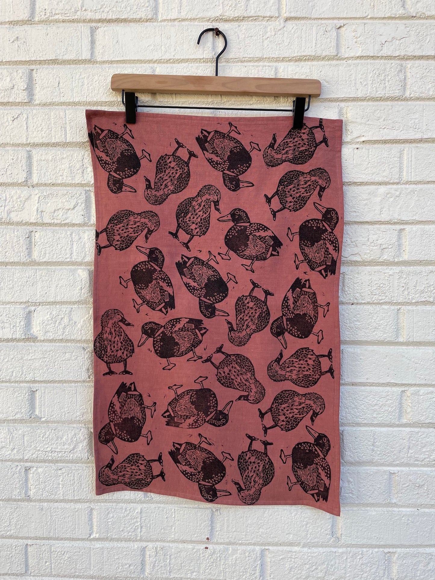 Linen Tea Towel: Mallard Pair on Dark Rose