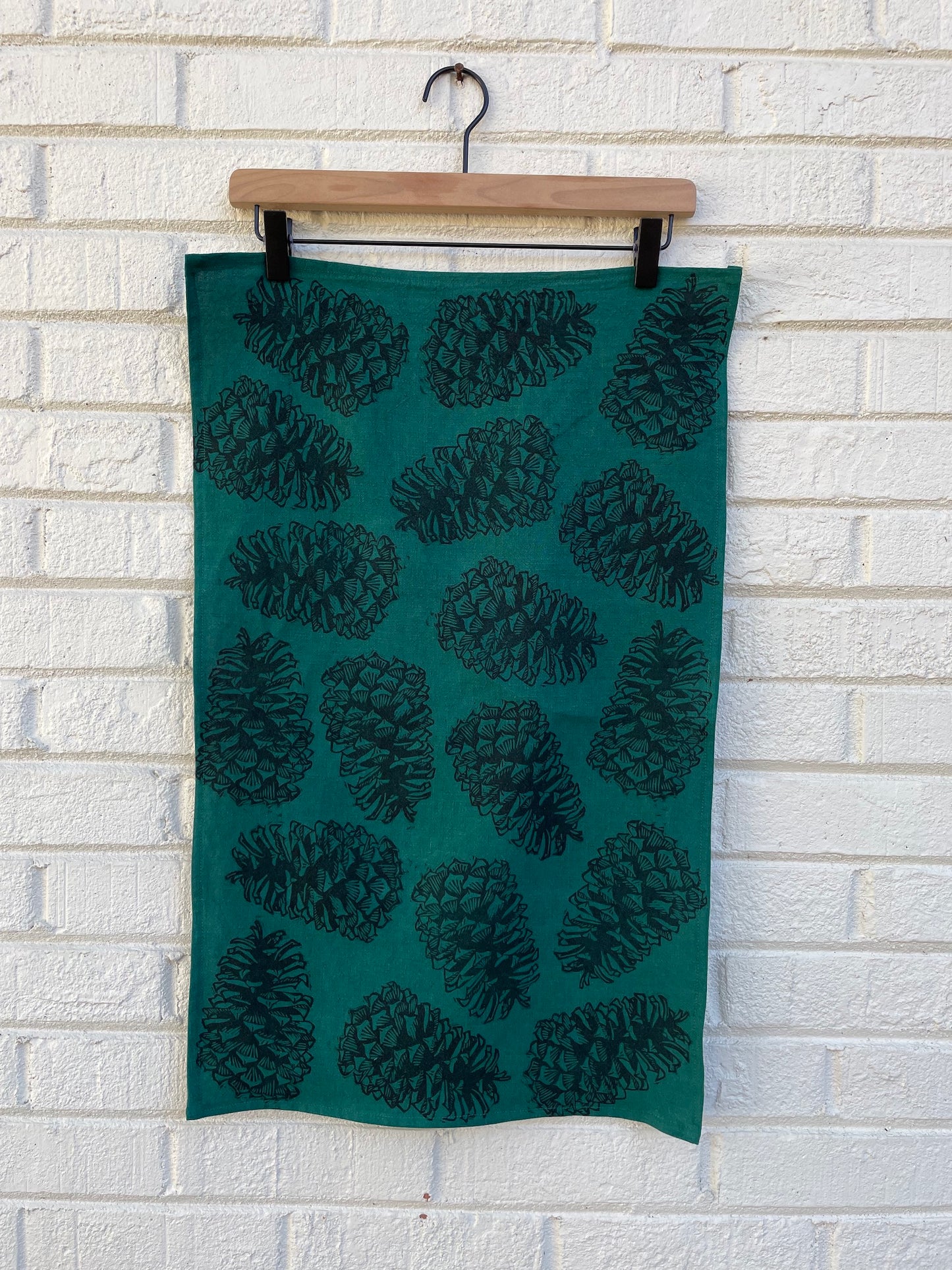 Linen Tea Towel: Pinecone on Emerald