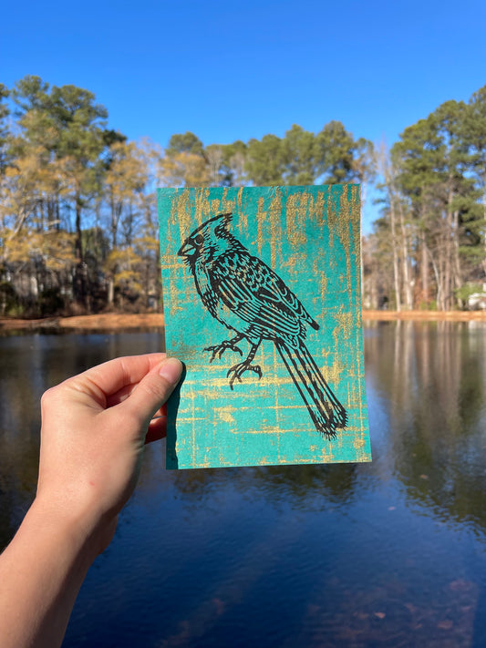 Cardinal on Teal with Gold