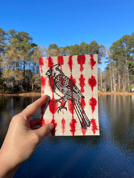 Cardinal on Red Shibori