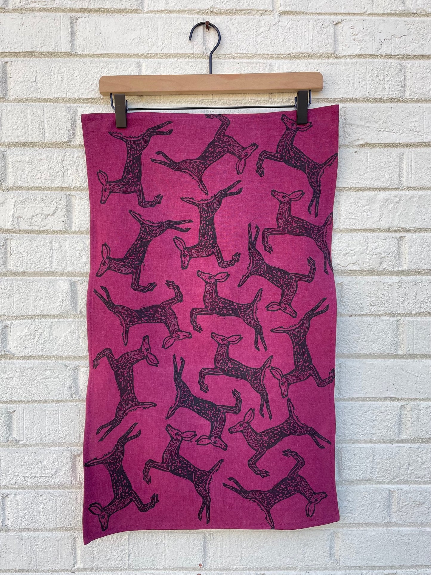 Linen Tea Towel: White Tail Deer on Cranberry
