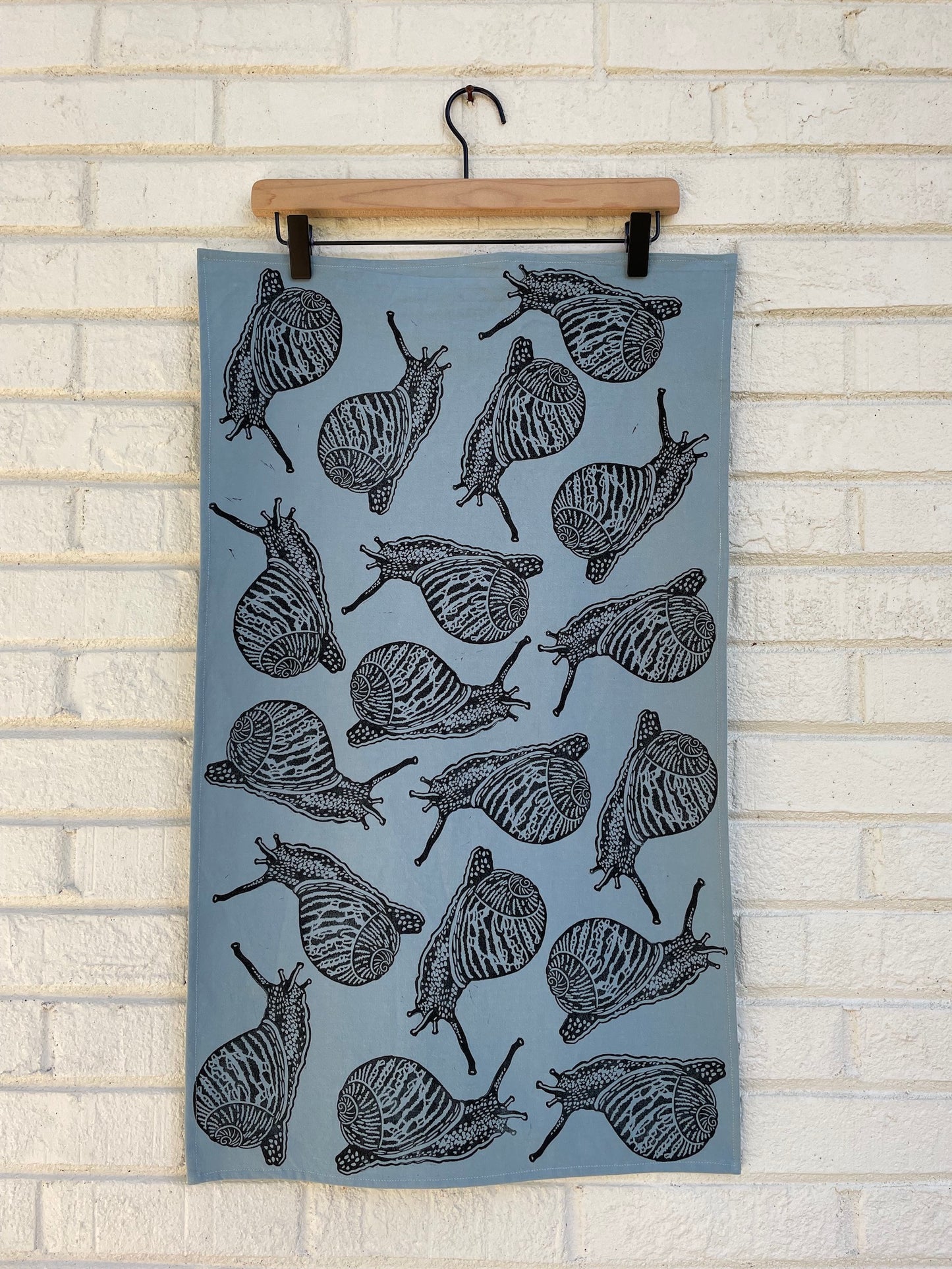 Cotton Tea Towel: Garden Snail on Sky Blue