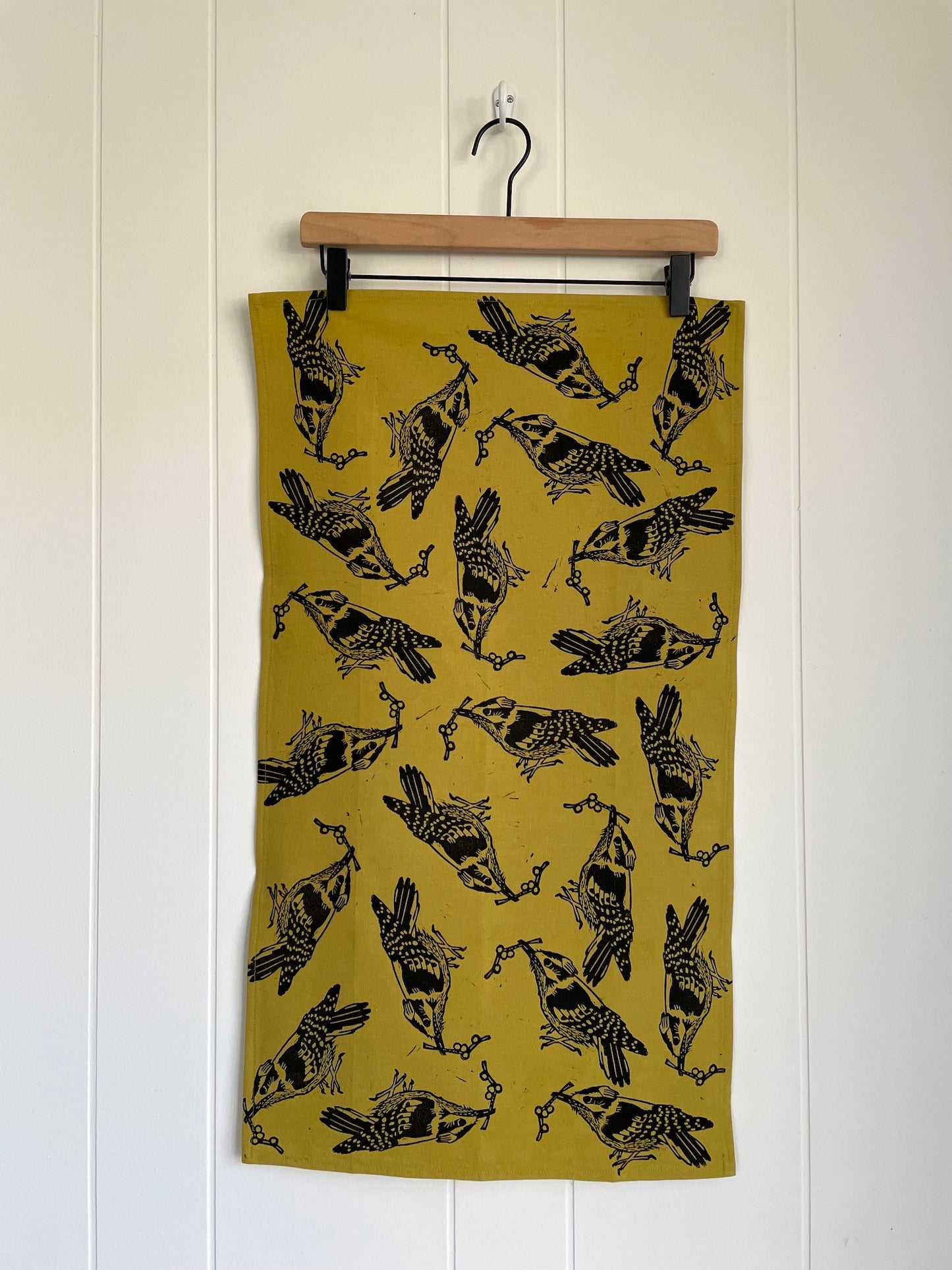 Cotton Tea Towel:  Downy Woodpecker on Chartreuse