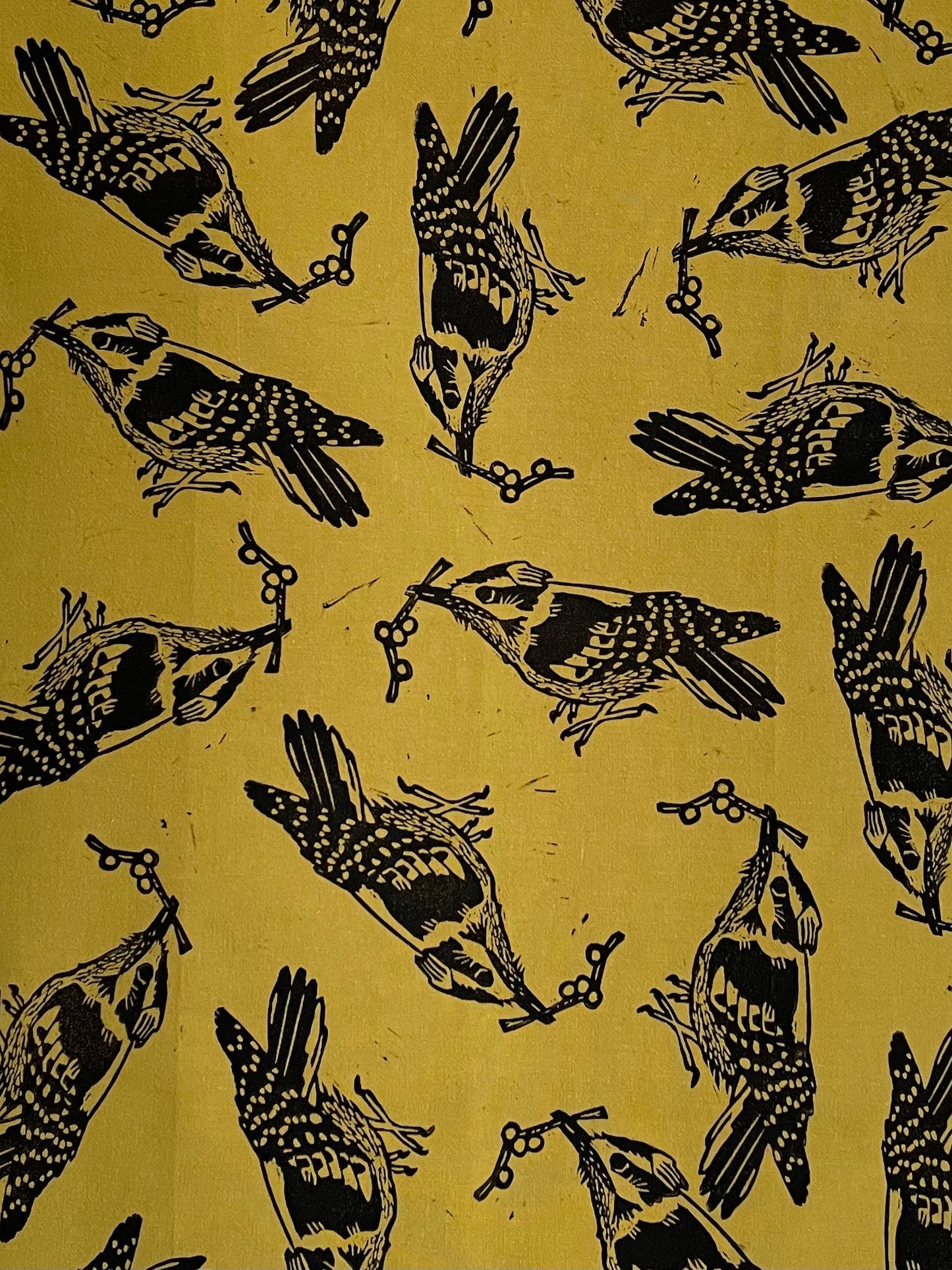 Cotton Tea Towel:  Downy Woodpecker on Chartreuse