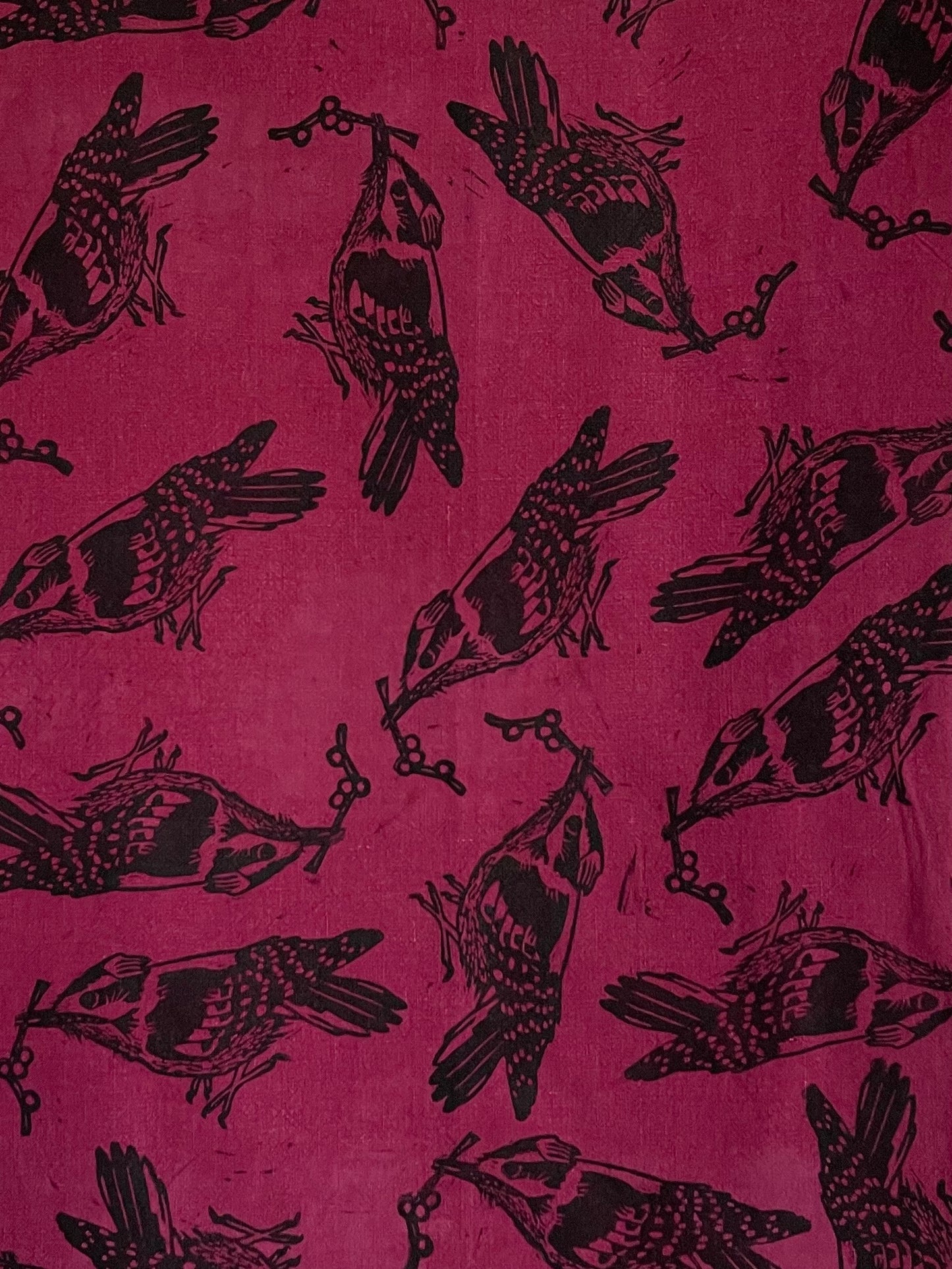 Linen Tea Towel: Downy Woodpecker on Cranberry