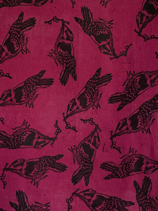 Linen Tea Towel: Downy Woodpecker on Cranberry
