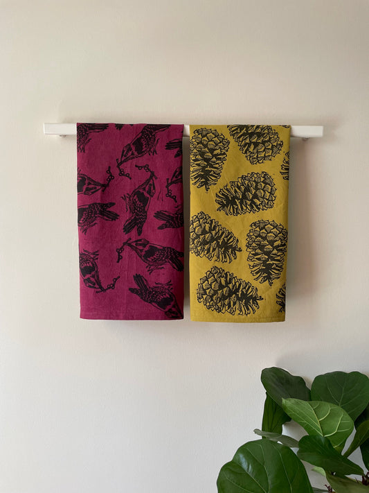 Cotton Tea Towel:  Pinecone on Chartreuse