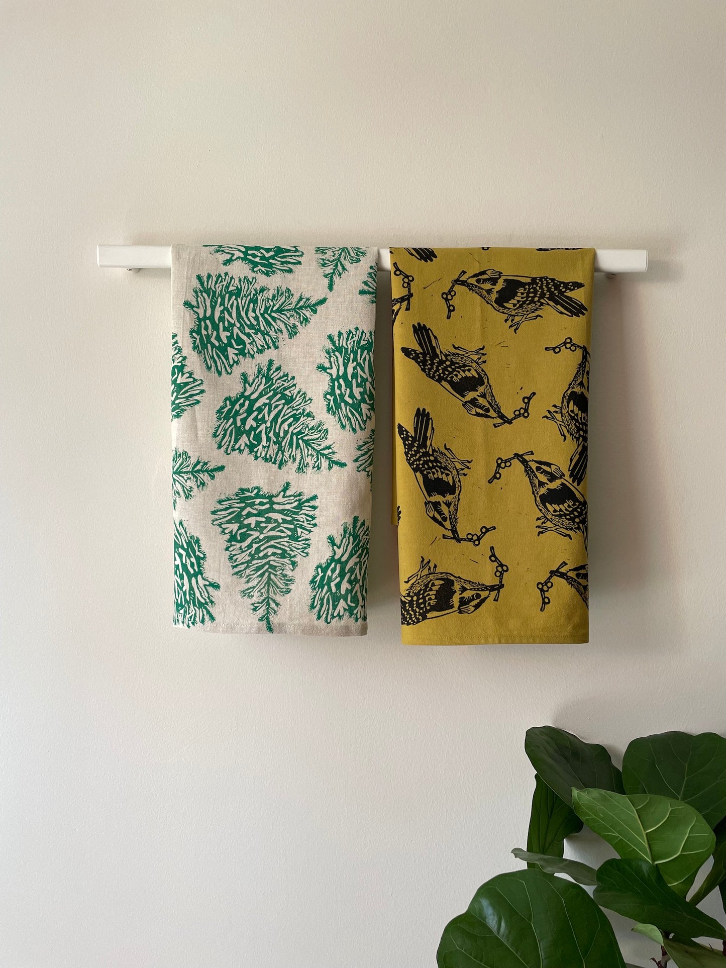 Cotton Tea Towel:  Downy Woodpecker on Chartreuse