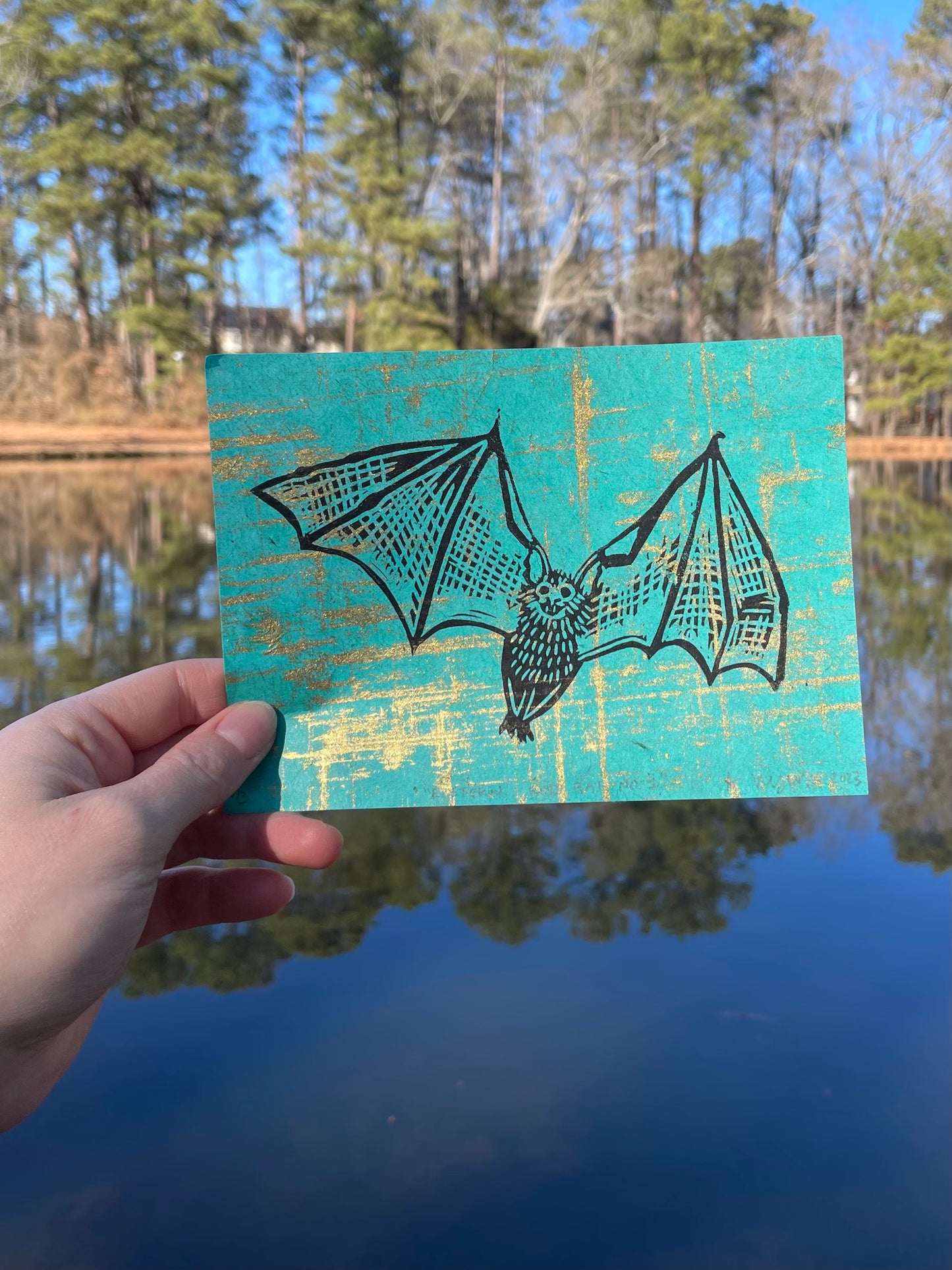 Eastern Red Bat on Fancy Paper-Teal with Gold