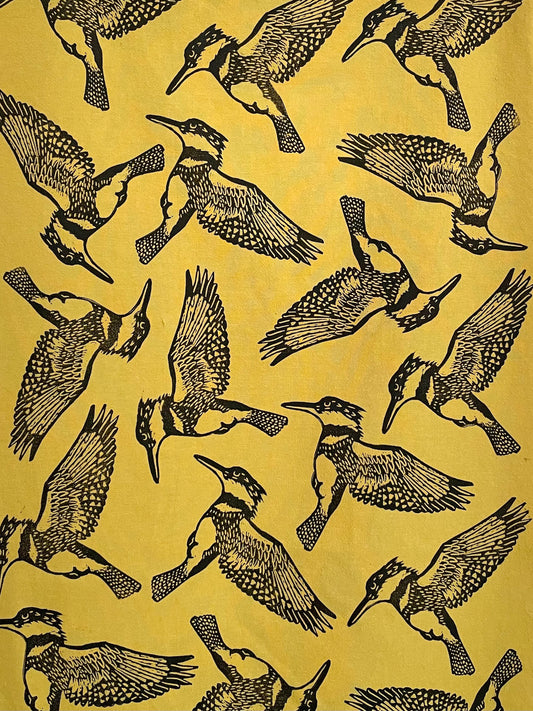 Cotton Tea Towel: Kingfisher on Chartreuse