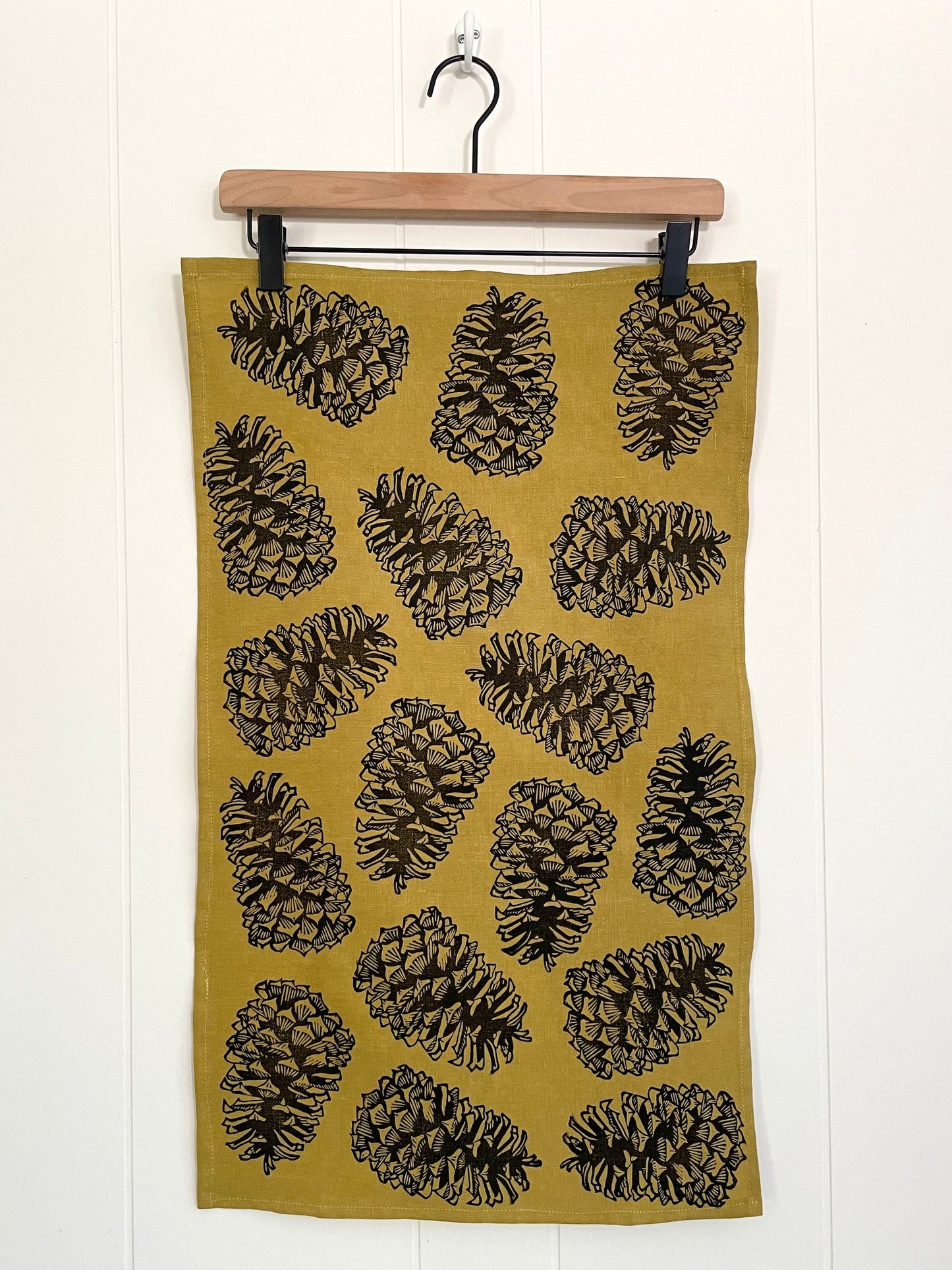 Linen Tea Towel: Pinecone on Avocado