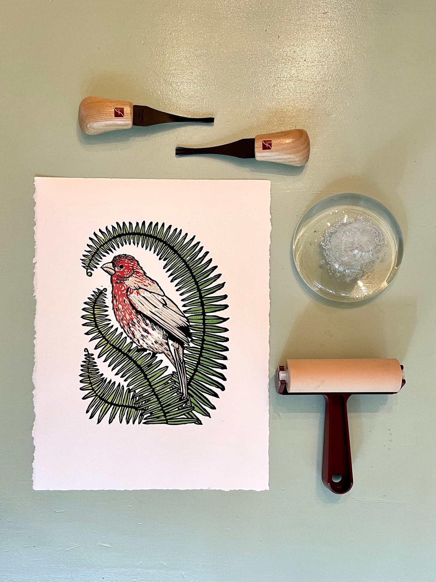 "House Finch Home" Linoleum Relief Print