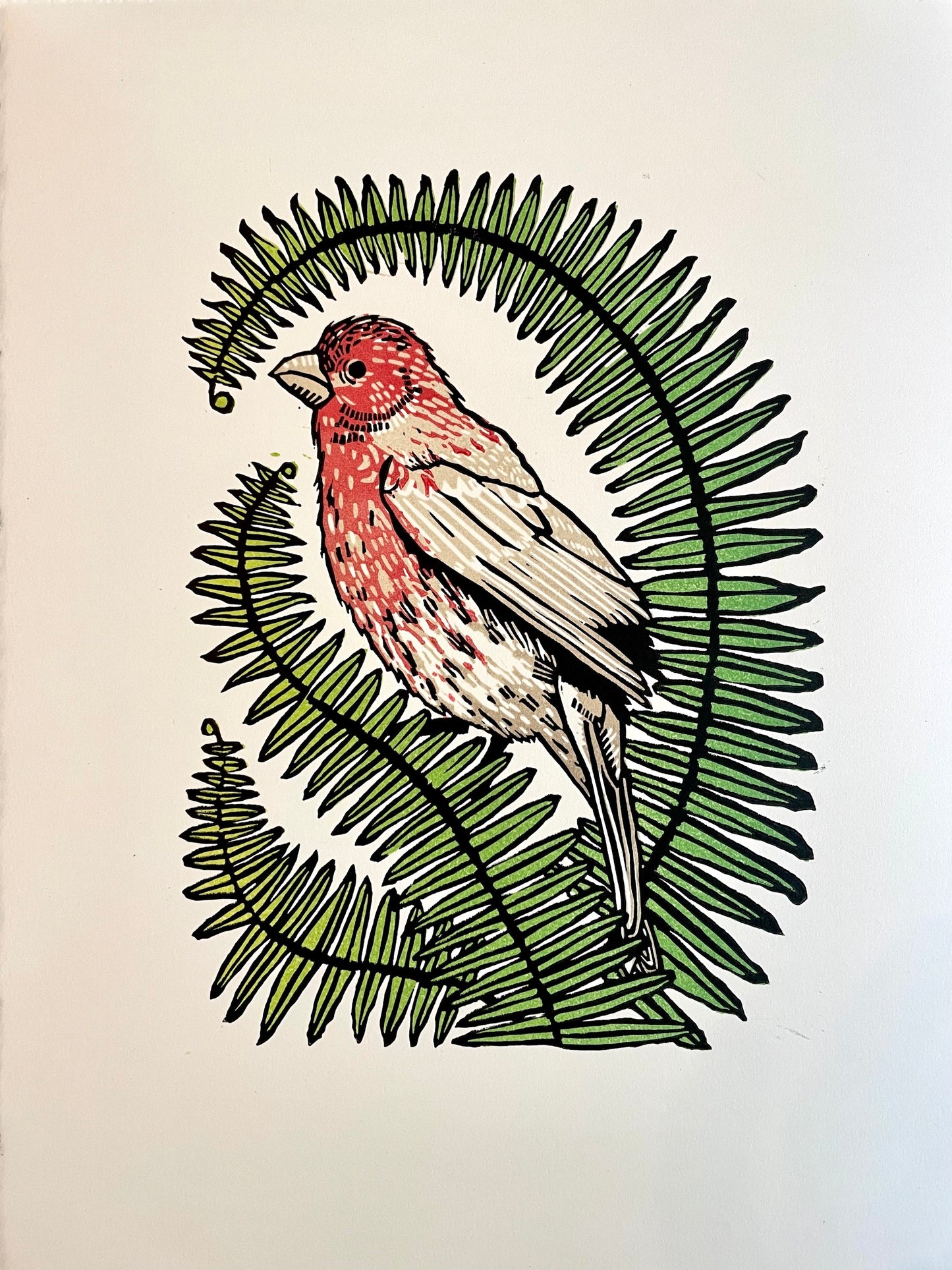 "House Finch Home" Linoleum Relief Print