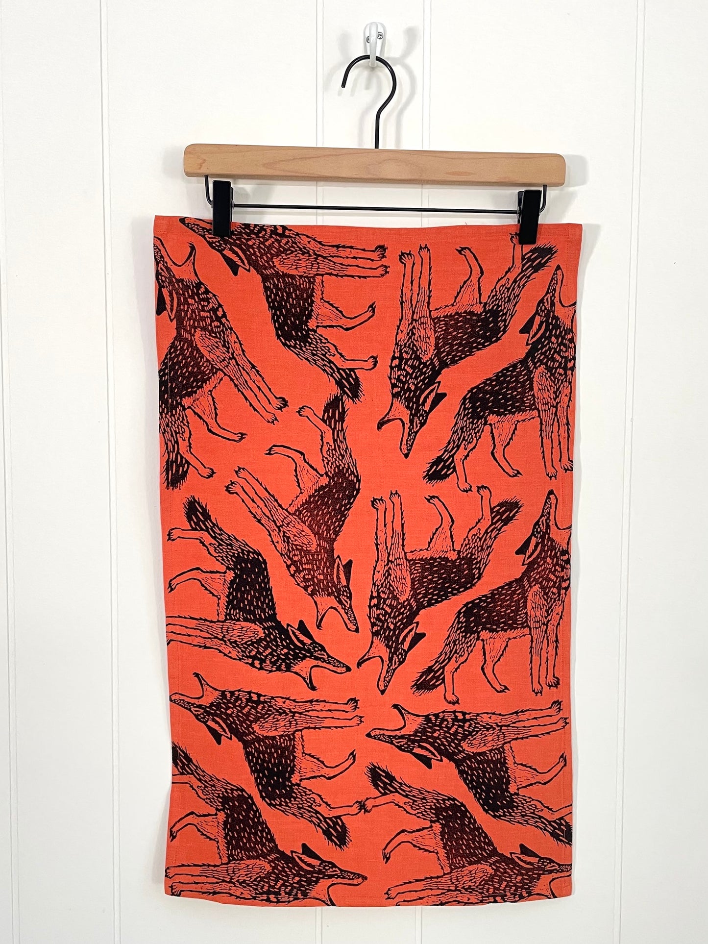 Linen Tea Towel: Coyote on Tangerine