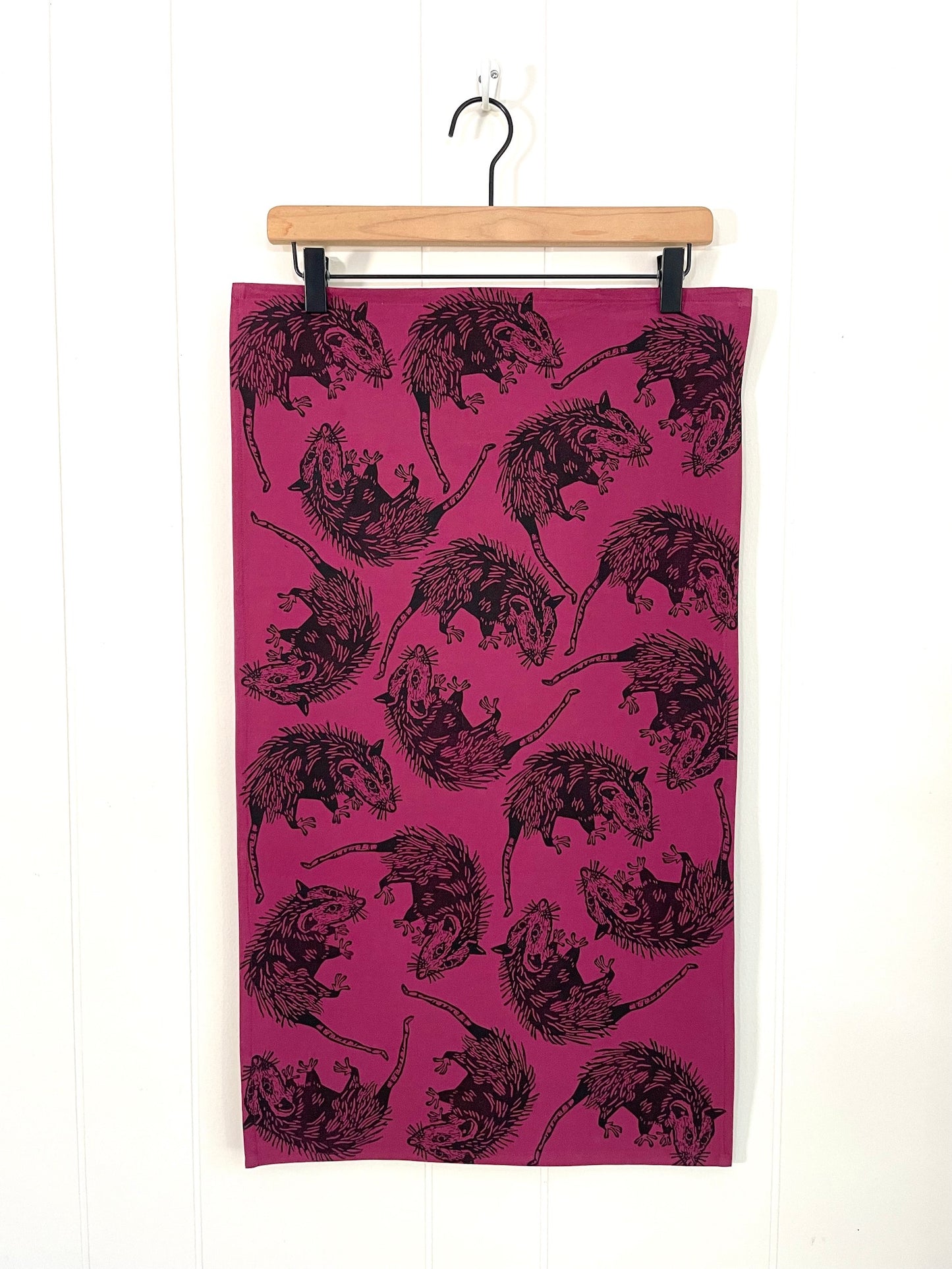 Cotton Tea Towel: Opossum on Raspberry