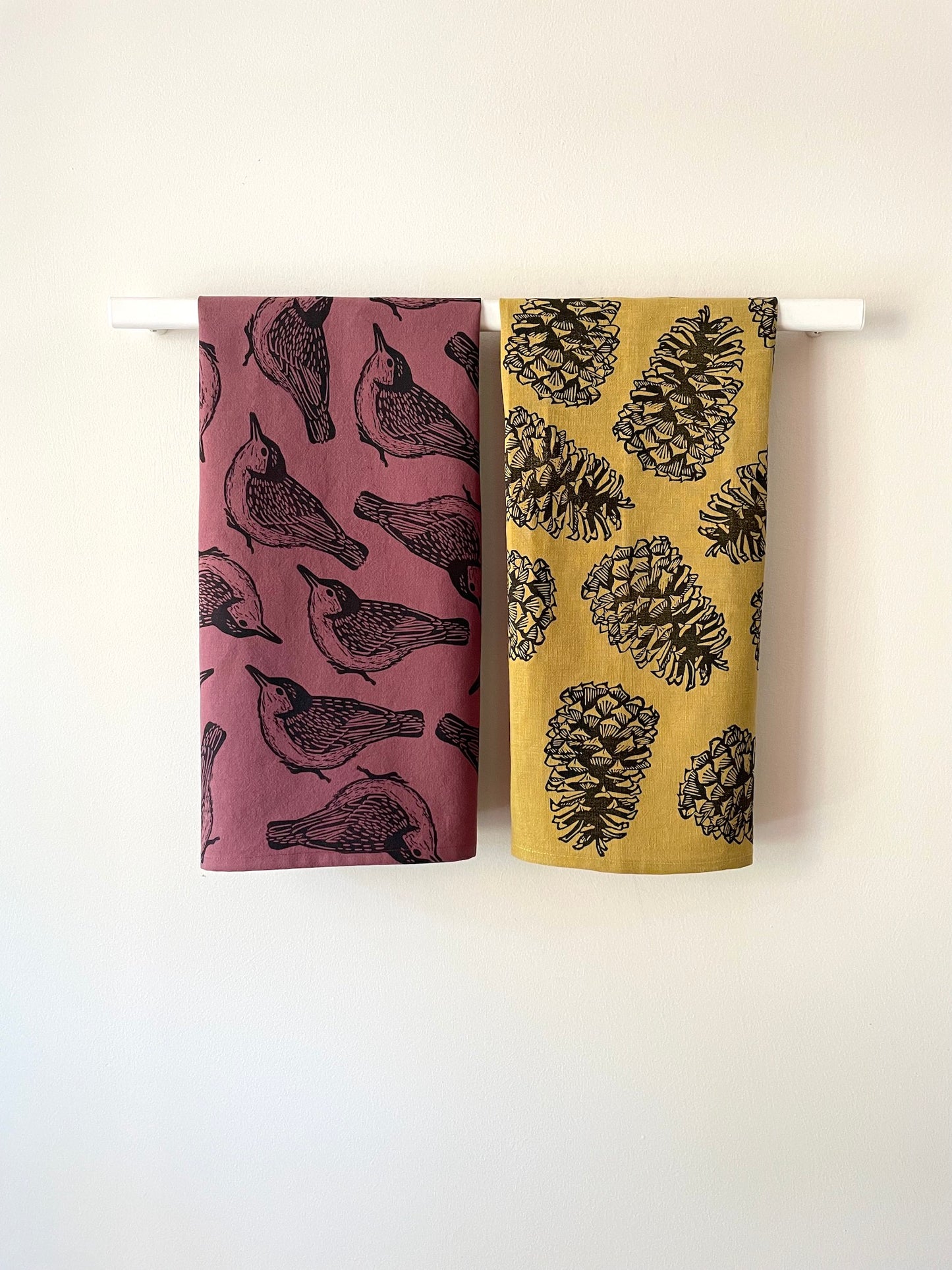 Cotton Tea Towel: Nuthatch on Plum