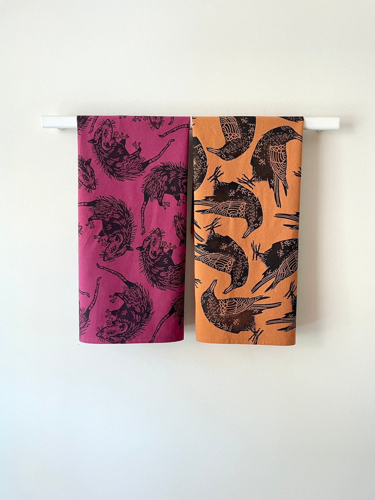 Cotton Tea Towel: Opossum on Raspberry