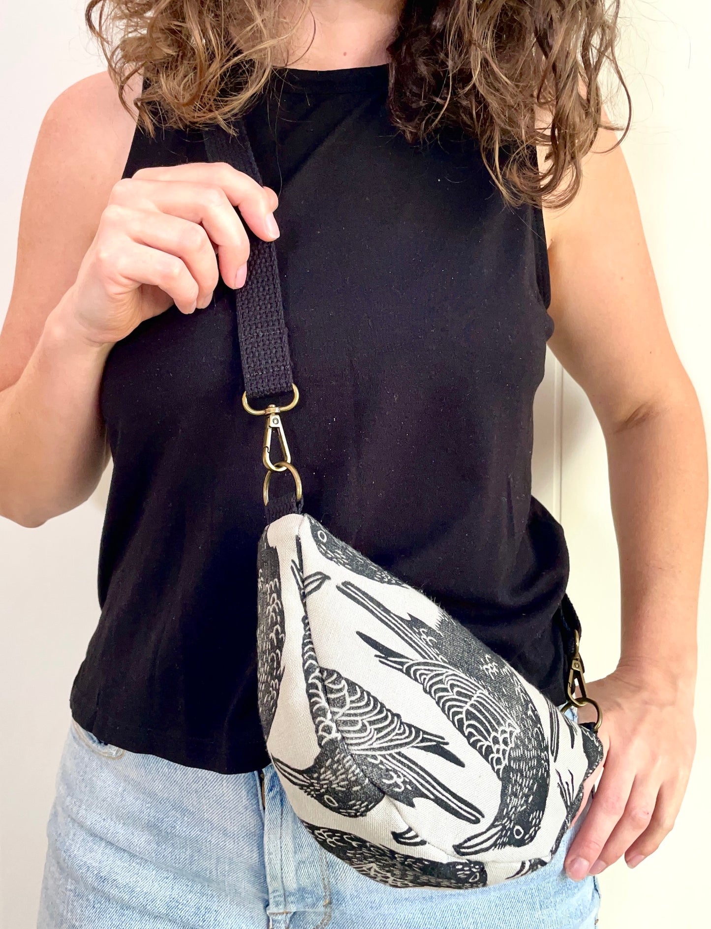 Half Moon Crossbody Bag with Crow