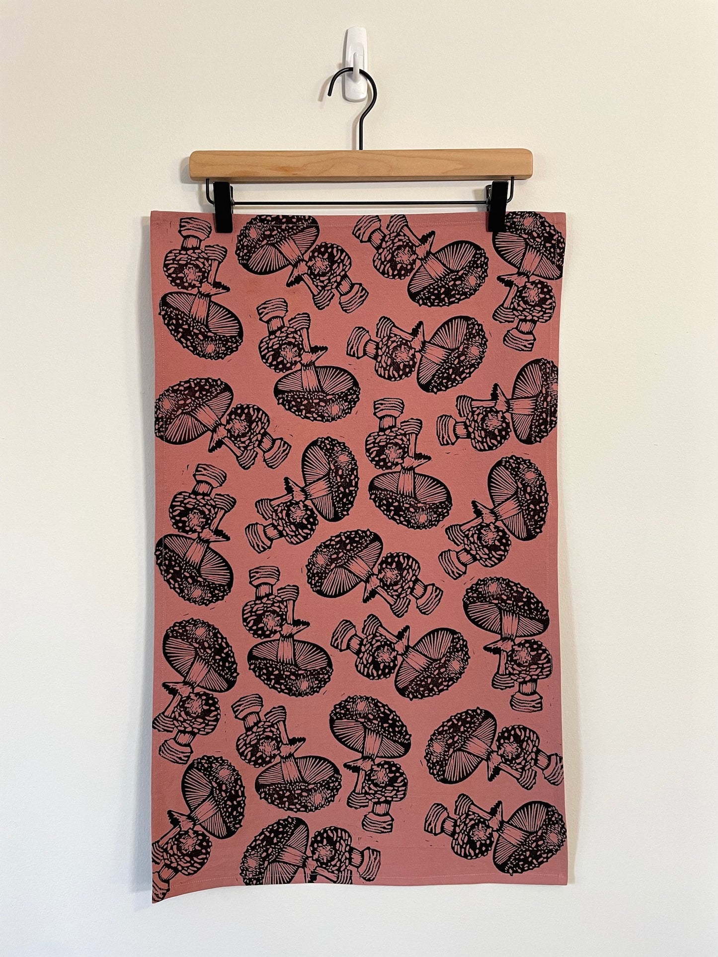 Cotton Tea Towel: Mushroom on Dusty Rose