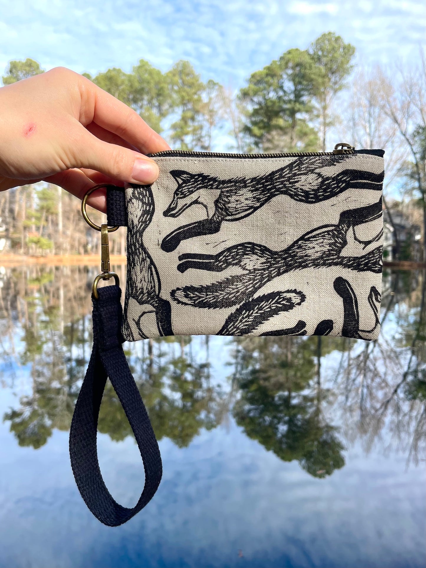 Wristlet Zipper Pouch with Gray Fox