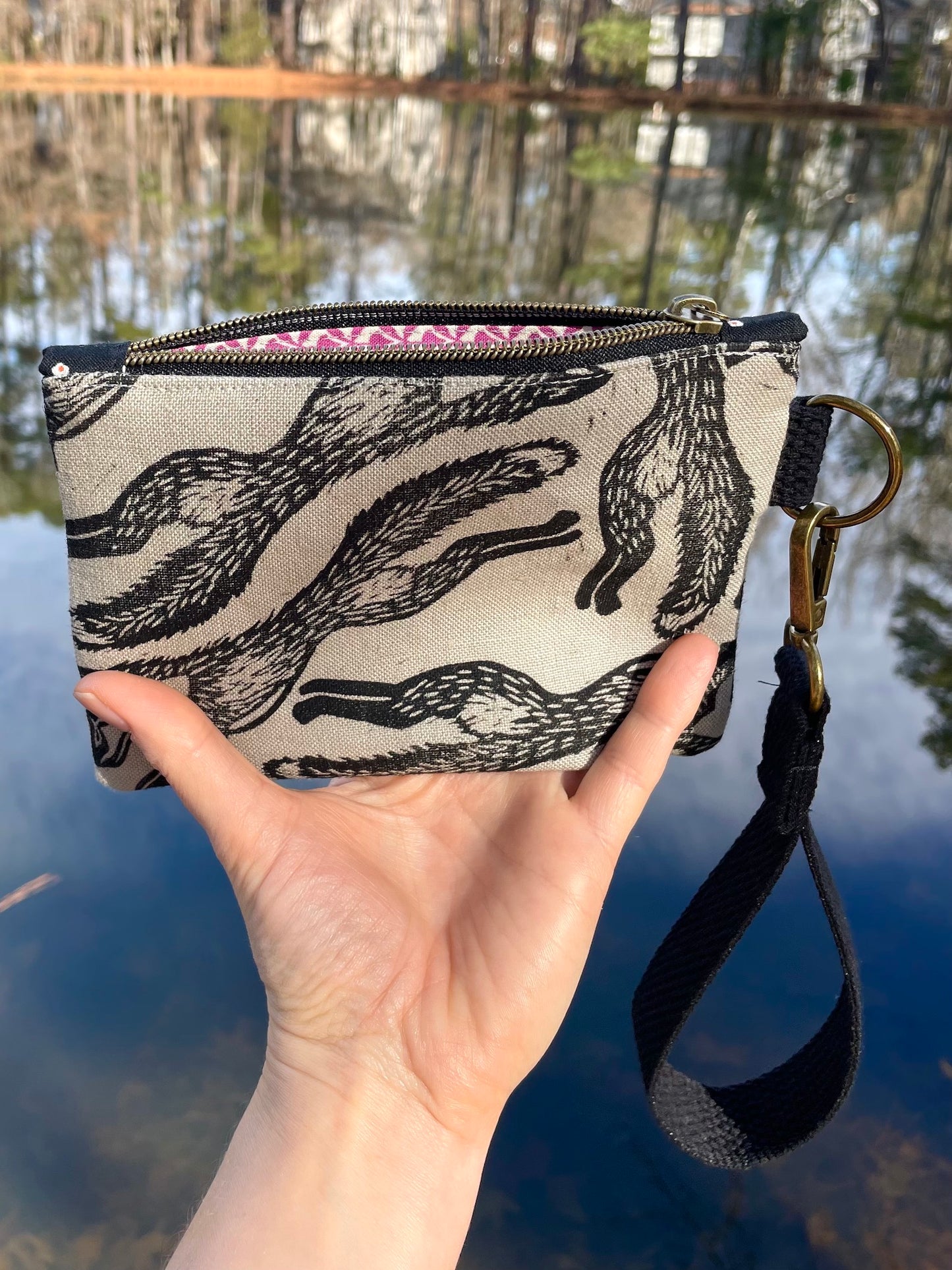 Wristlet Zipper Pouch with Gray Fox